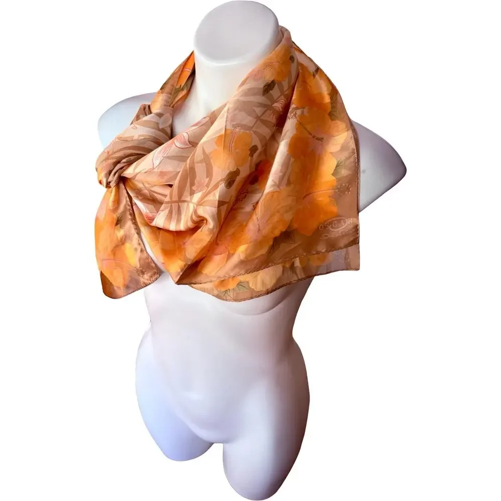 Vintage Oscar de la Renta Silk Hibiscus Floral Scarf 1990s Peach Gold NWT 34in